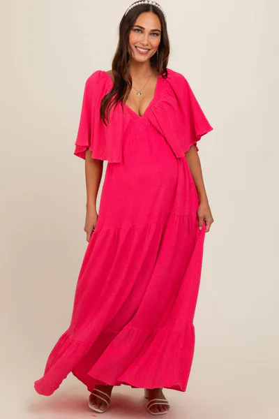 PinkBlush Coral Flounce Sleeve Tiered Maternity Dress