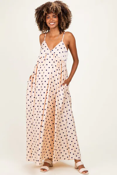 PinkBlush Cream/ Navy Polka Dot Sleeveless Maternity Maxi Dress