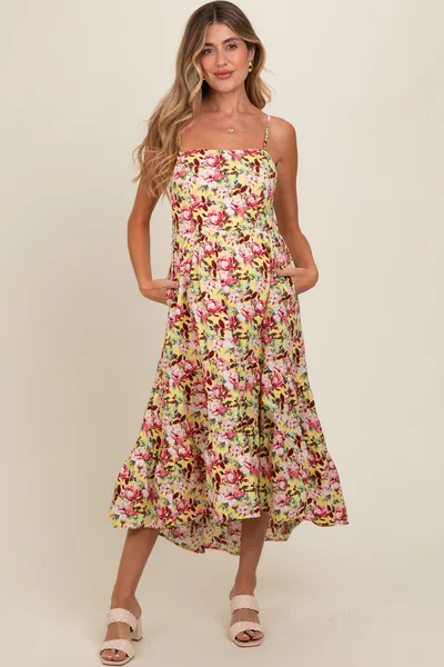 PinkBlush Yellow Floral Tiered Hi-Low Maternity Midi Dress