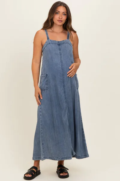 PinkBlush Denim Blue Sleeveless Side Pocket Maternity Dress
