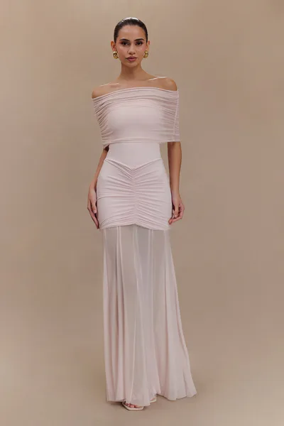 MESHKI Caspian Slinky And Mesh Off Shoulder Maxi Dress - Pale Pink