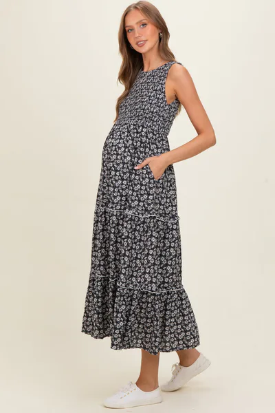 PinkBlush Black Floral Smocked Sleeveless Tiered Maternity Maxi Dress