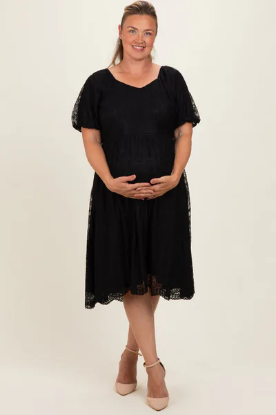 PinkBlush Black Lace Sweetheart Neck Short Sleeve Maternity Plus Midi Dress