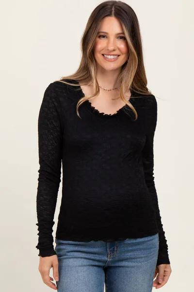 PinkBlush Black Lace Ruffle Neckline Maternity Long Sleeve Top