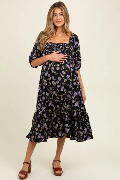 PinkBlush Black Floral Pleated Bodice 3/4 Sleeve Maternity Midi Dress