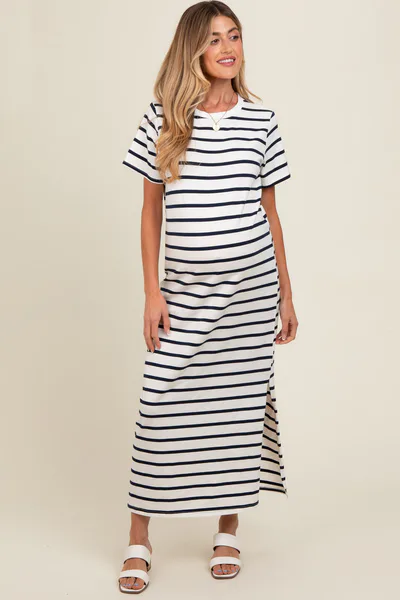 PinkBlush Navy Striped Side Slit Maternity Maxi Dress