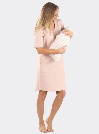 Angel Maternity Mama Hospital Pack: Knee Length Nightie + Free Baby Pouch in Pink