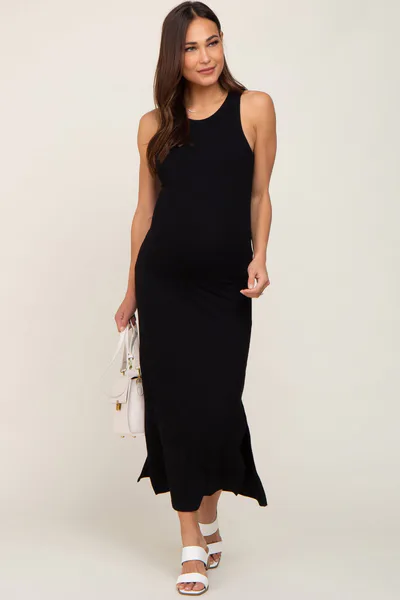PinkBlush Black Ribbed Maternity Side Slit Tank Dress