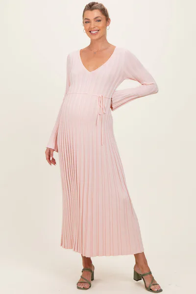 PinkBlush Light Pink Ribbed Maternity Knit Maxi Dress