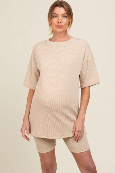 PinkBlush Beige Ribbed Maternity Biker Shorts Set
