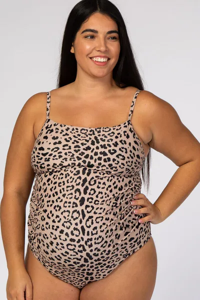 PinkBlush Beige Cheetah Print One-Piece Maternity Plus Swimsuit