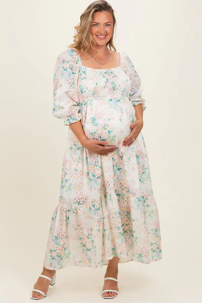 PinkBlush Ivory Floral Smocked 3/4 Sleeve Maternity Plus Maxi Dress