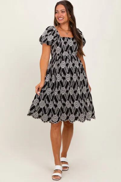 PinkBlush Black Floral Embroidered Square Neck Maternity Dress