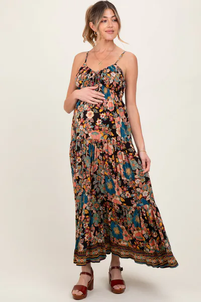 PinkBlush Black Floral Front Tie Tiered Maternity Maxi Dress