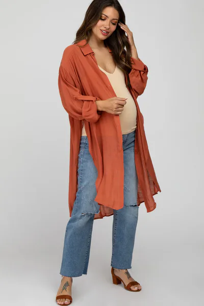 PinkBlush Rust Button Front Side Slit Oversized Maternity Blouse