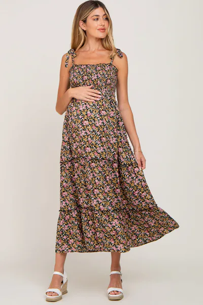 PinkBlush Black Multi-Color Floral Sleeveless Tiered Maternity Maxi Dress
