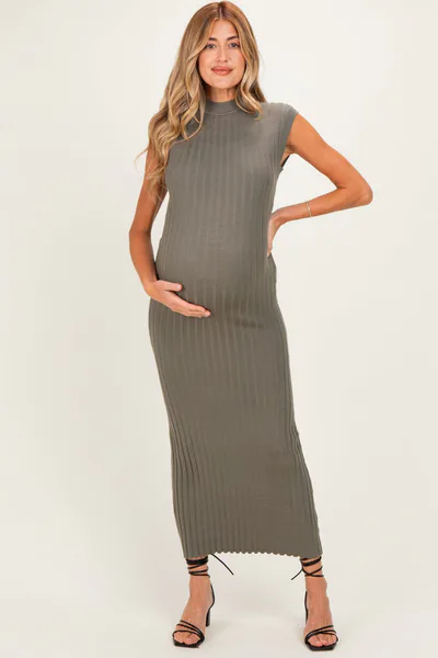 PinkBlush Olive Ribbed Knit Mock Neck Maternity Maxi Dress