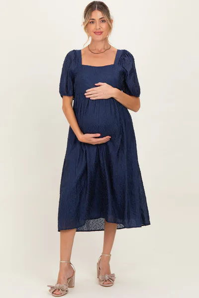 PinkBlush Navy Swiss Dot Puff Sleeve Maternity Midi Dress