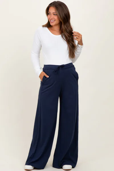 PinkBlush Navy Drawstring Wide Leg Maternity Lounge Pant