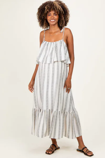 PinkBlush Black Striped Flounce Shoulder Tie Maternity Midi Dress