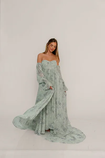 Worth Collective Delilah Maxi Dress with Train in Muted Sage Floral - Bump Friendly