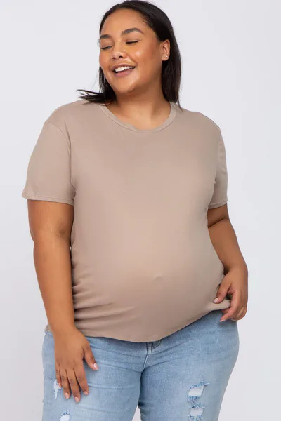 PinkBlush Mocha Solid Short Sleeve Plus Maternity Top