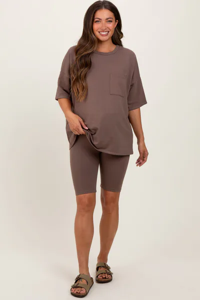 PinkBlush Brown Oversized Short Sleeve Biker Short Maternity Set