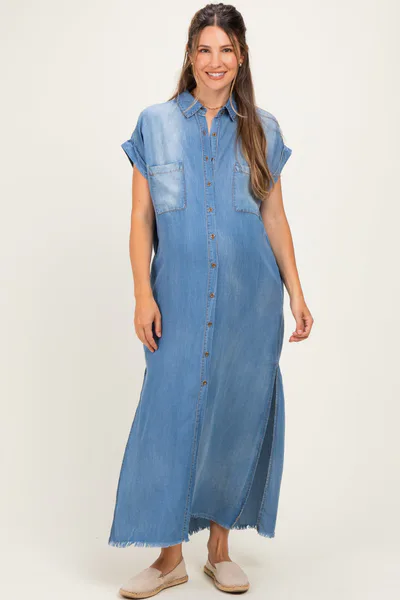 PinkBlush Light Denim Chambray Maternity Maxi Shirt Dress