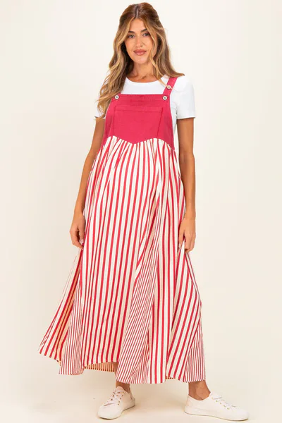 PinkBlush Crimson Striped Colorblock Denim Contrast Maternity Maxi Dress