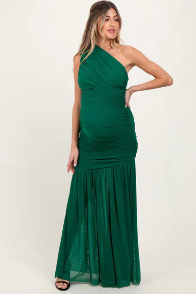 PinkBlush Forest Green Ruched Mesh One Shoulder Maternity Maxi Dress