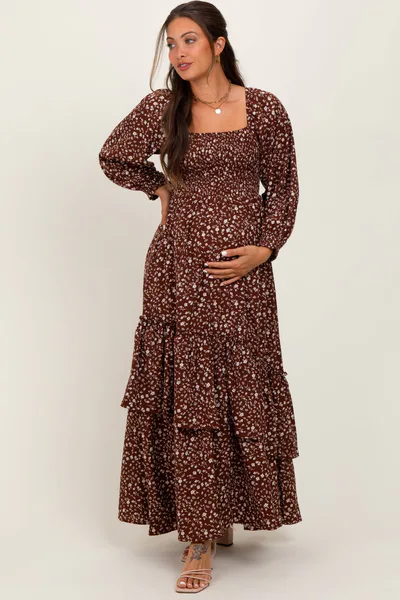 PinkBlush Brown Floral Asymmetrical Ruffle Hem Maternity Maxi Dress