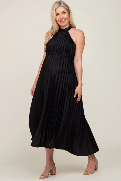 PinkBlush Black Pleated Maternity Halter Dress