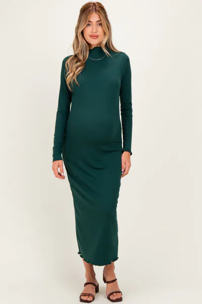 PinkBlush Hunter Green Ruffle Mock Neck Long Sleeve Maternity Midi Dress