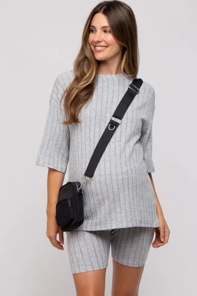 PinkBlush Heather Grey Ribbed Soft Short Sleeve Maternity Shorts Set