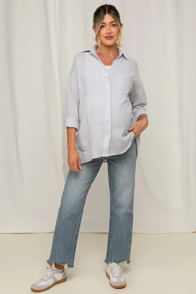 PinkBlush Light Blue Fringe Hem Maternity Wide Leg Jeans
