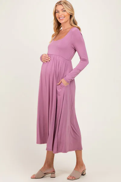 PinkBlush Mauve Lavender Long Sleeve Scoop Neck Maternity Maxi Dress