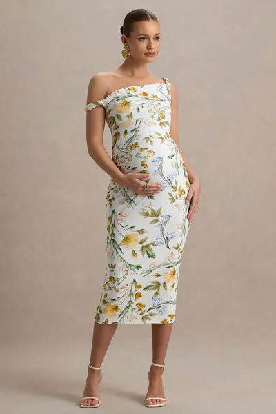 Club L London Salome | Lemon Floral Print Twisted Asymmetric Maternity Midi Dress