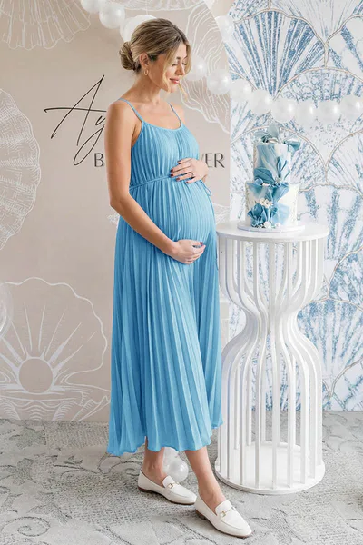 Summer Mae Summer Mae Pleated Midi Maternity Dress | Adjustable Tie Sleeveless Bump Friendly Baby Shower Sun Dress