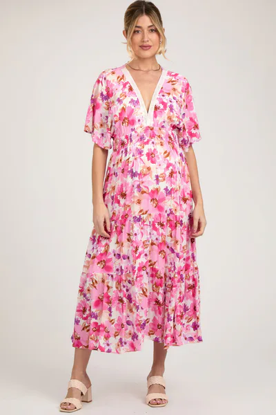 PinkBlush Fuchsia Multi-Color Floral Tiered Maternity Maxi Dress