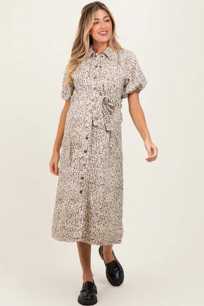 PinkBlush Cream Floral Button Front Waist Tie Maternity Midi Dress