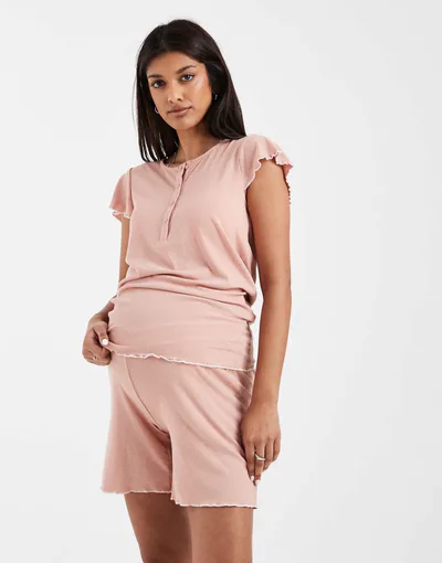 ASOS Mamalicious Maternity 2 function nursing top and shorts pajama set with lettuce edge in beige
