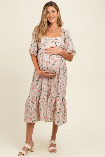 PinkBlush Cream Floral Pleated Bodice 3/4 Sleeve Maternity Midi Dress
