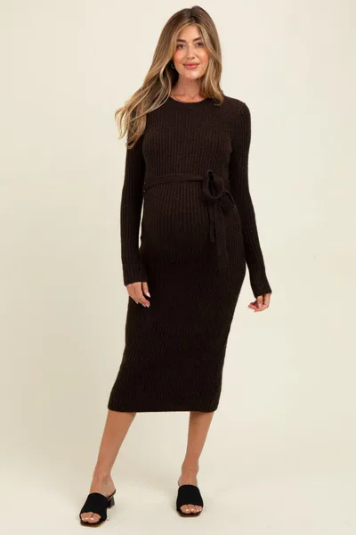 PinkBlush Brown Ribbed Tie Waist Maternity Sweater Dress