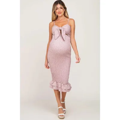 Target Pinkblush Mauve Gingham Print Smocked Fitted Self-Tie Maternity Midi Dress Large