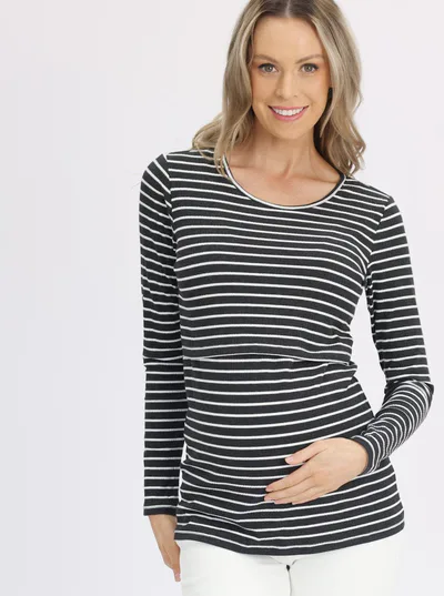 Angel Maternity Maternity & Nursing Long Sleeve Top in Black/Grey Stripe