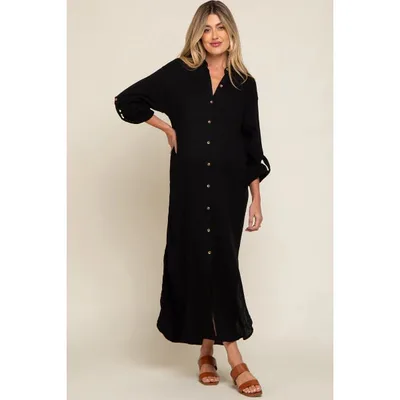 Target Pinkblush Black Button Down 3/4 Sleeve Maternity Midi Dress Small