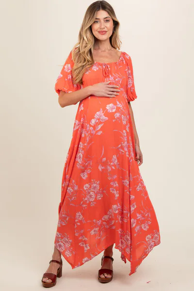 PinkBlush Orange Floral Puff Sleeve Maternity Maxi Dress