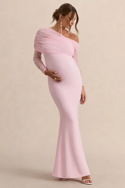 Club L London Ianthe | Light Pink Asymmetric-Neck Maternity Maxi Dress With Mesh Long Sleeves