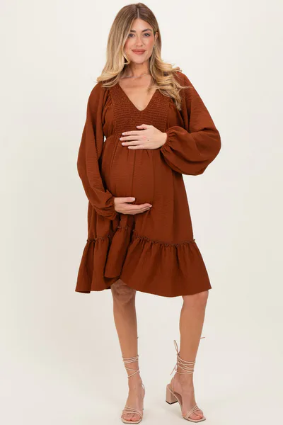 PinkBlush Brown Long Sleeve V-Neck Tiered Maternity Midi Dress