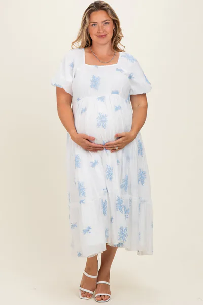 PinkBlush Ivory Floral Print Ruffle Hem Maternity Plus Midi Dress
